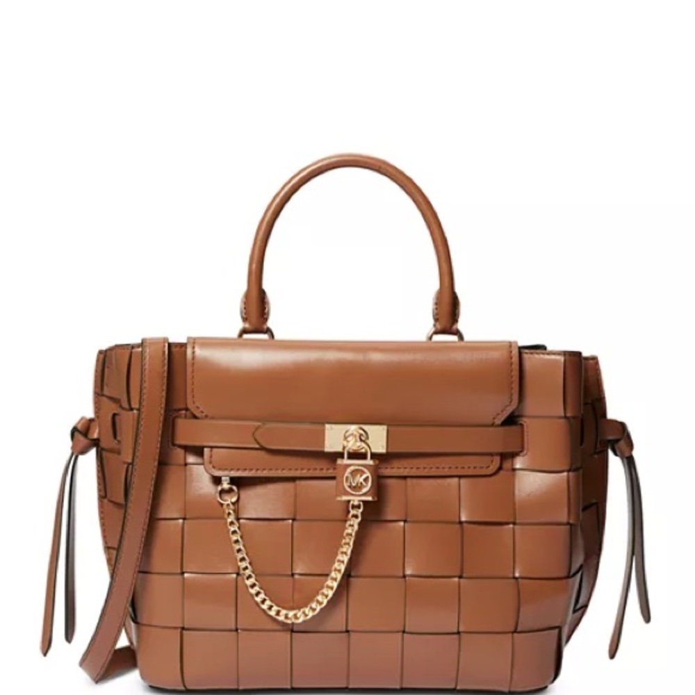 Michael Kors Woven Leather Satchel in Cognac Brown with Gold Hardware